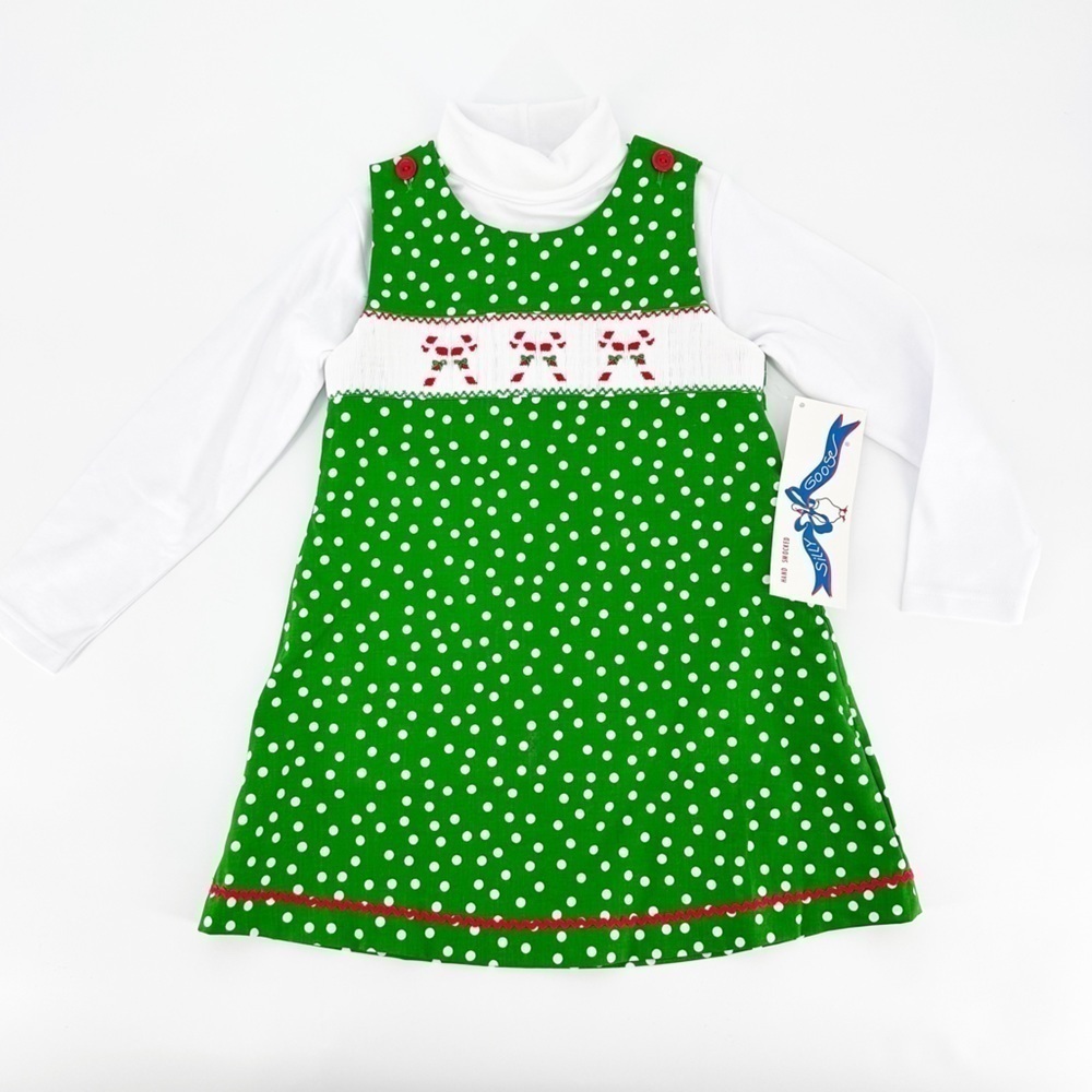 NWT Silly Goose Hand Smocked Jumper Dress Candy Cane Holiday Christmas